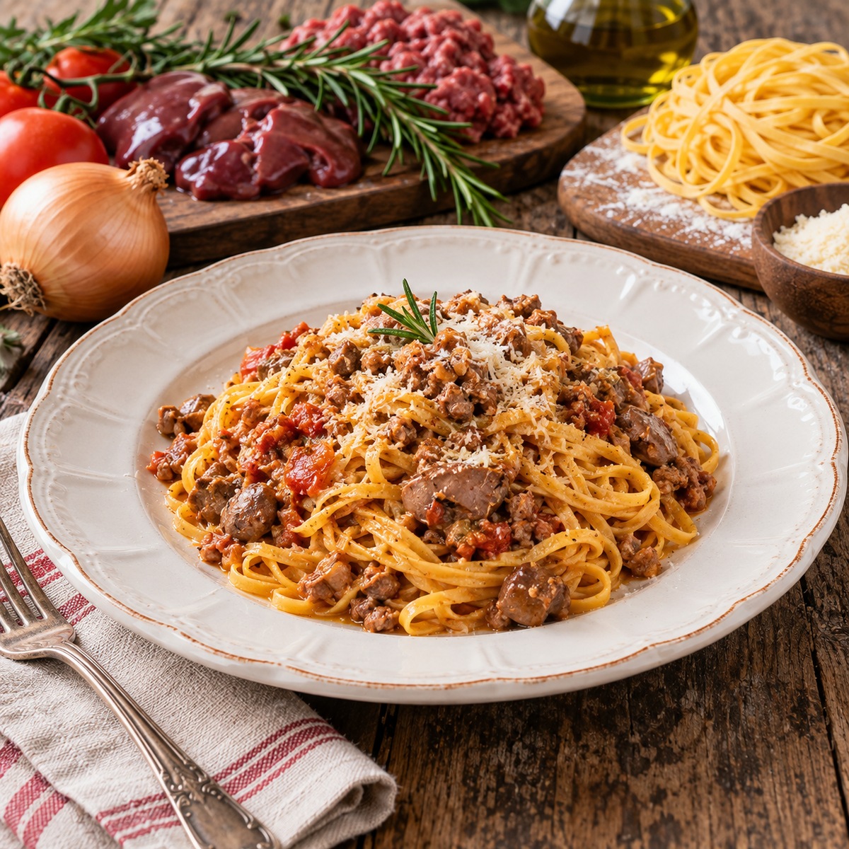 Tajarin con sugo di carne e fegatini