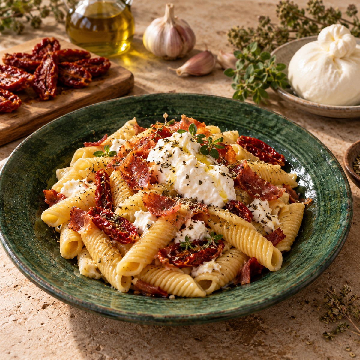 Garganelli burrata e pomodorini secchi