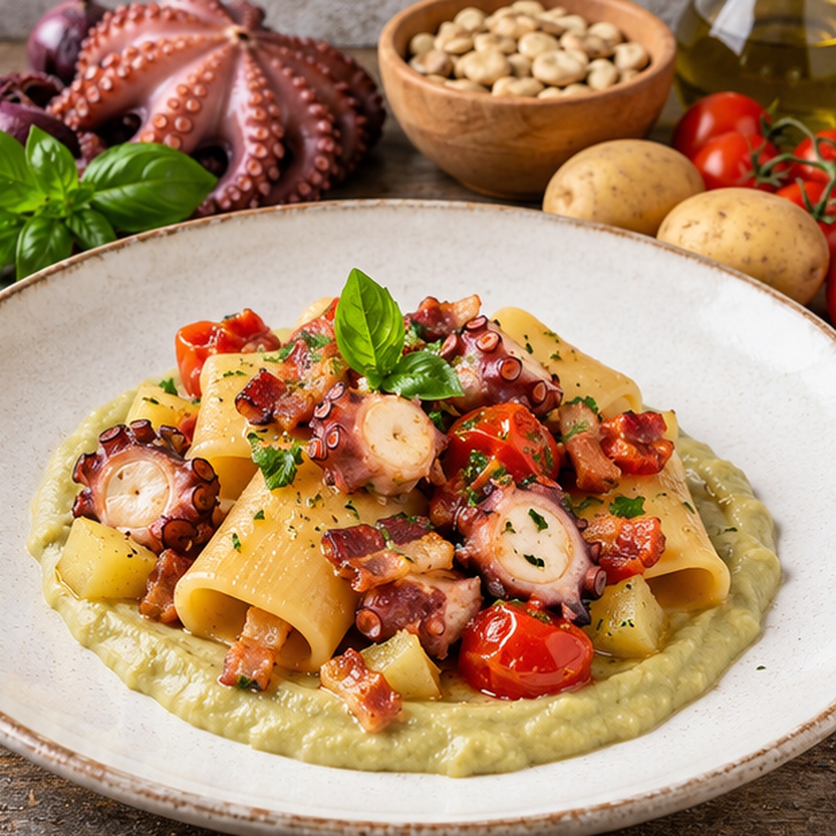 Paccheri con polpo patate e crema di fave