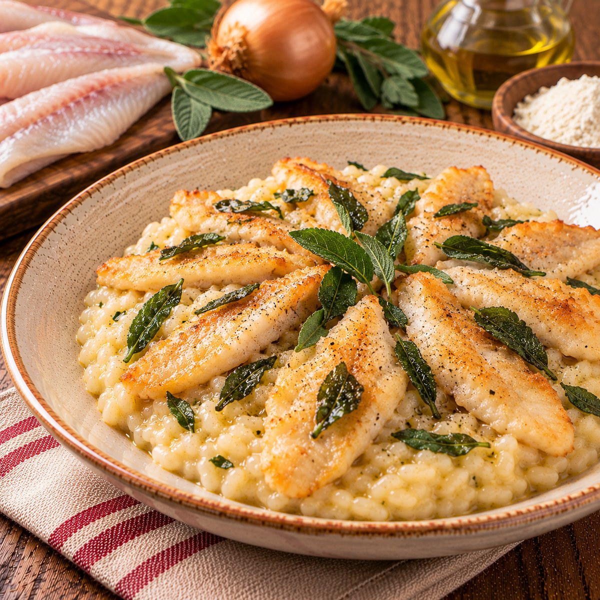 Risotto con filetti di pesce persico