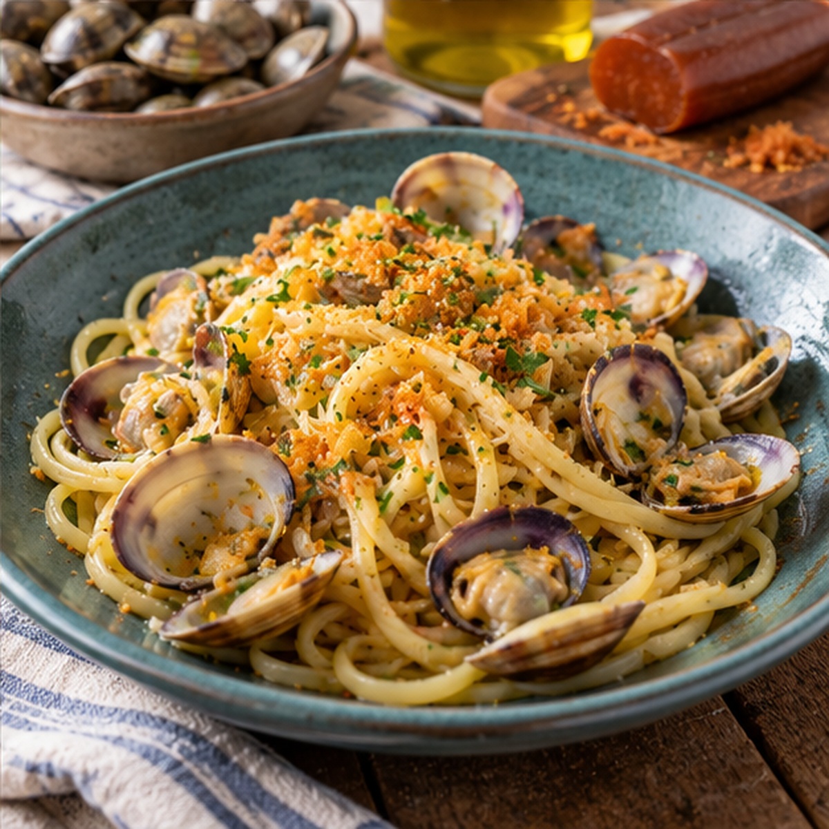 Linguine con bottarga e arselle