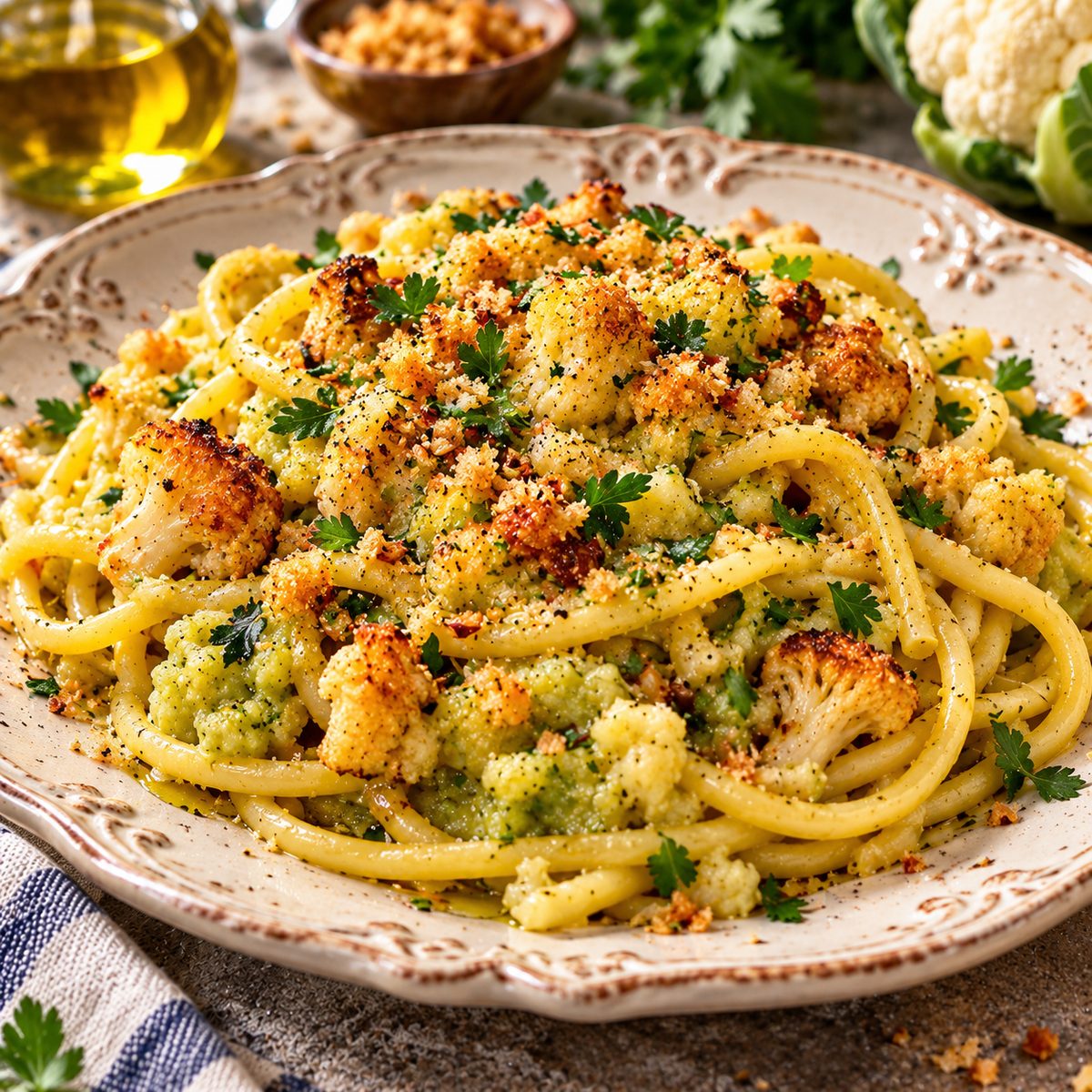 Spaghetti col cavolfiore fritto