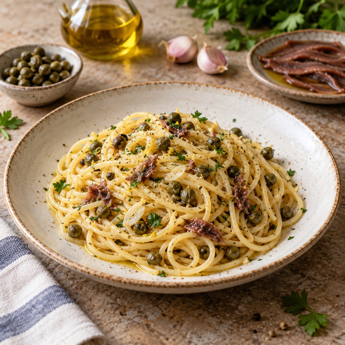 Spaghetti capperi e acciughe