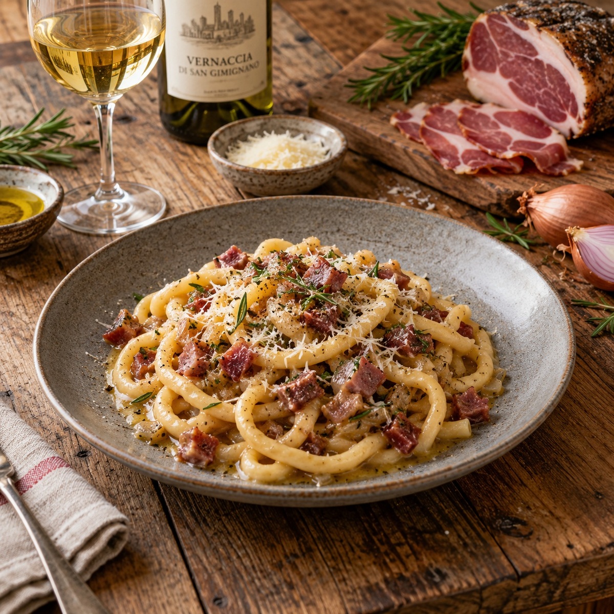 Pici toscani con spalla senese e Vernaccia
