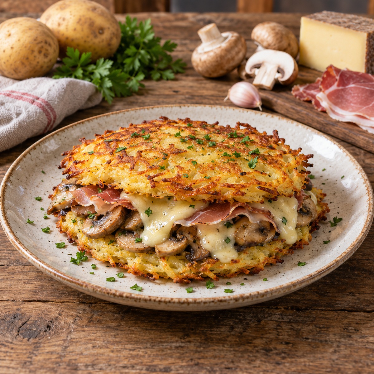 Tortel di patate ripieno con speck e funghi