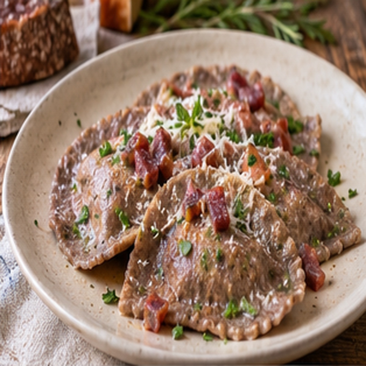 Ravioli al pane nero con carne affumicata