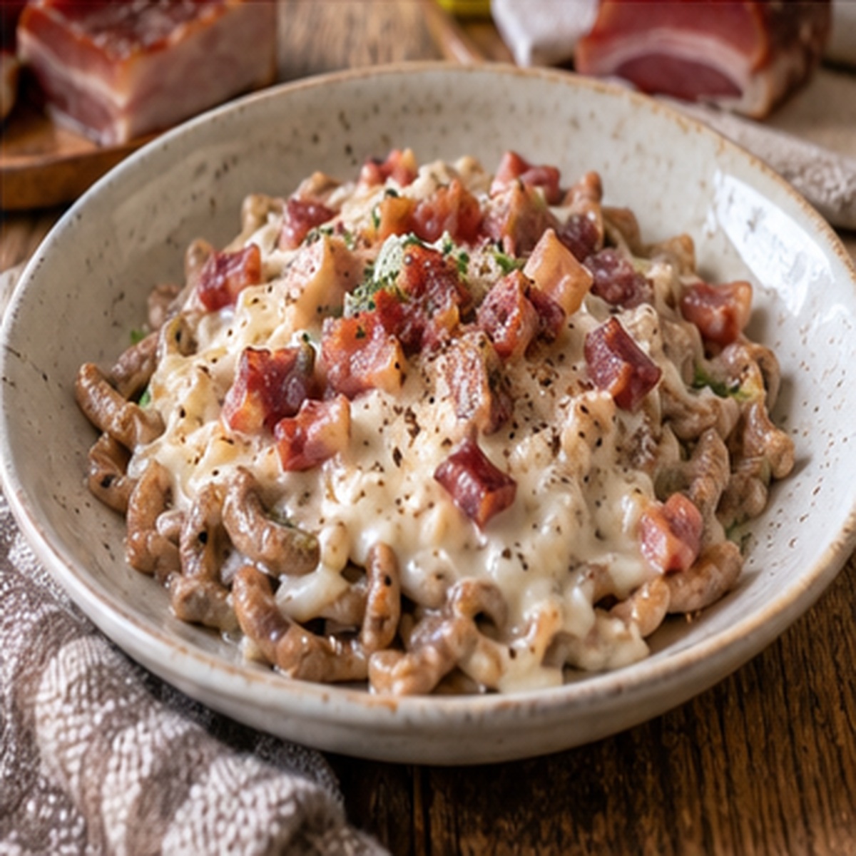 Spätzle di grano saraceno con panna e pancetta