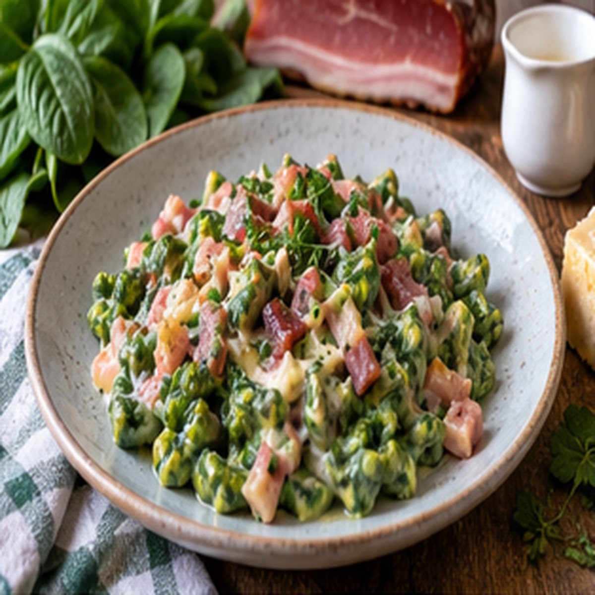 Spätzle di spinaci con speck e panna