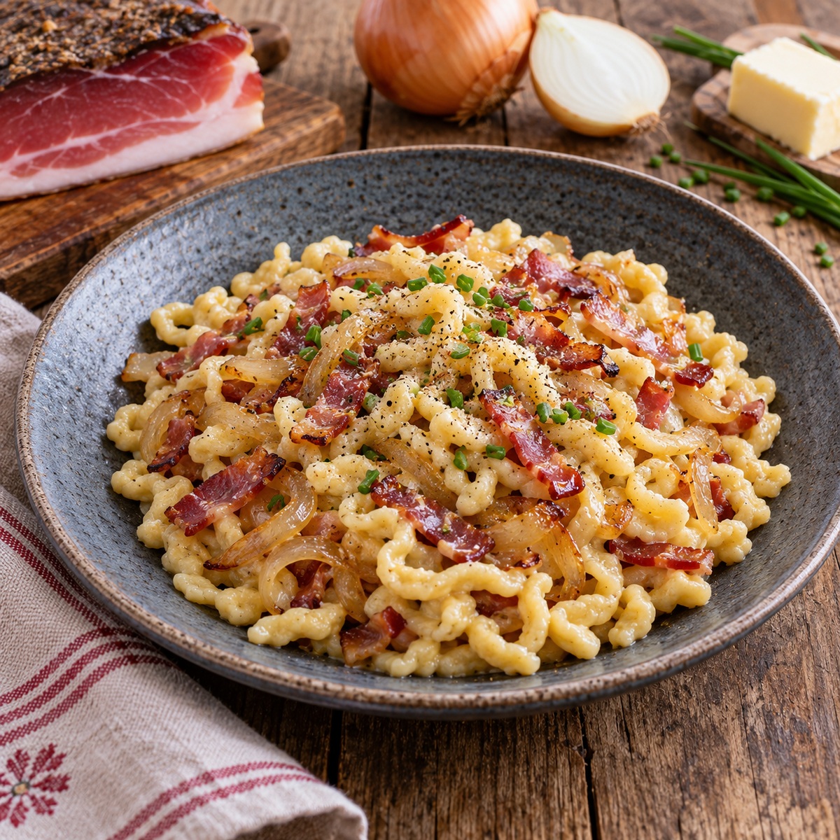 Spätzle speck e cipolle stufate