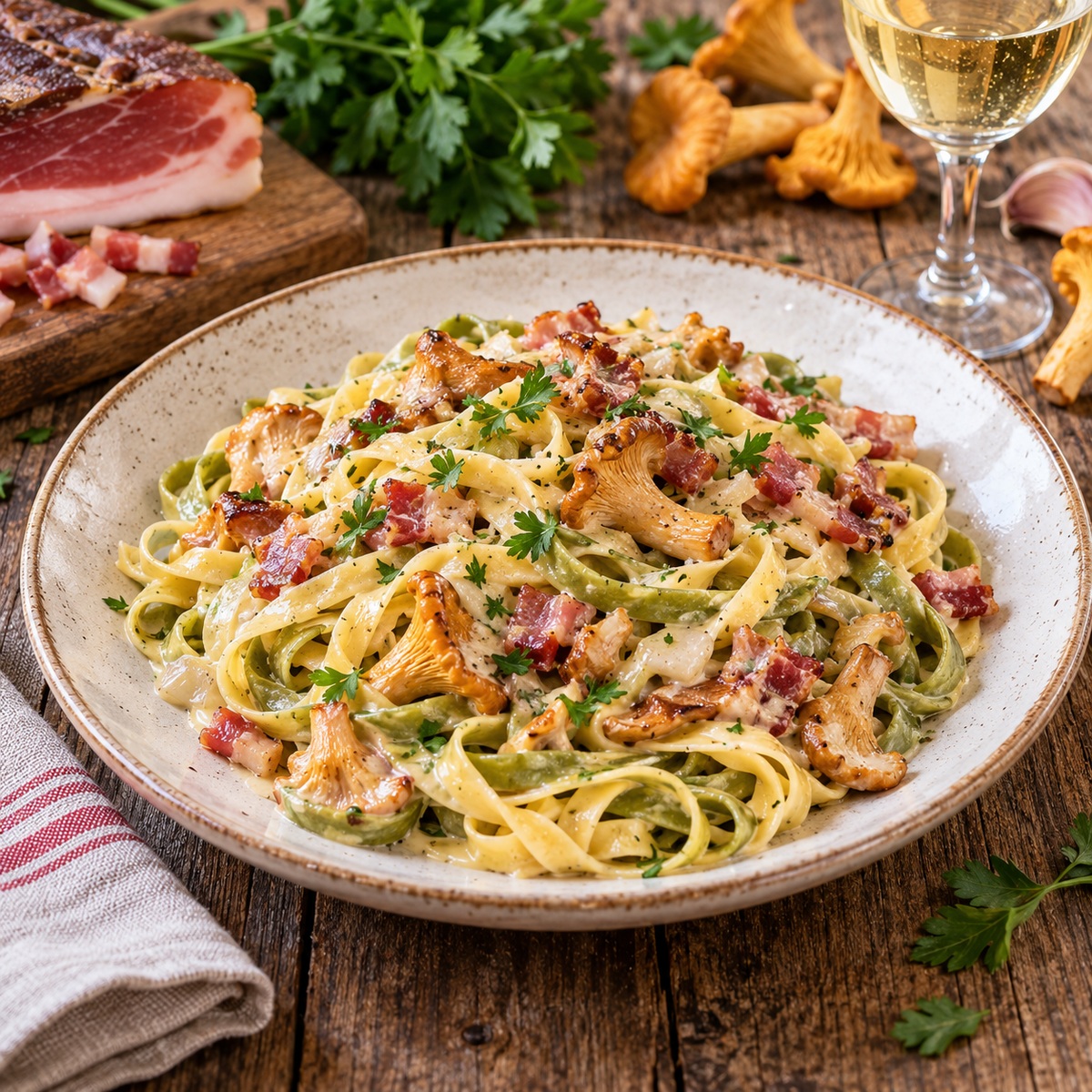 Tagliatelle con finferli e speck