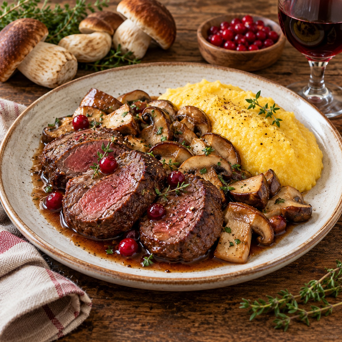 Filetto di cervo con porcini e polenta