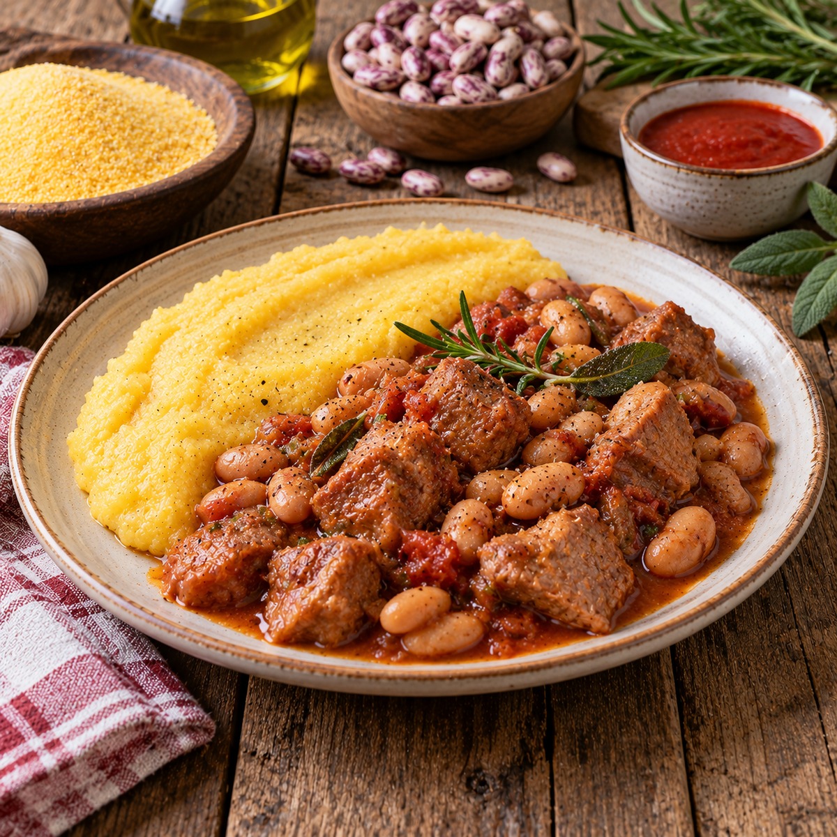 Polenta con fagioli e spezzatino di maiale