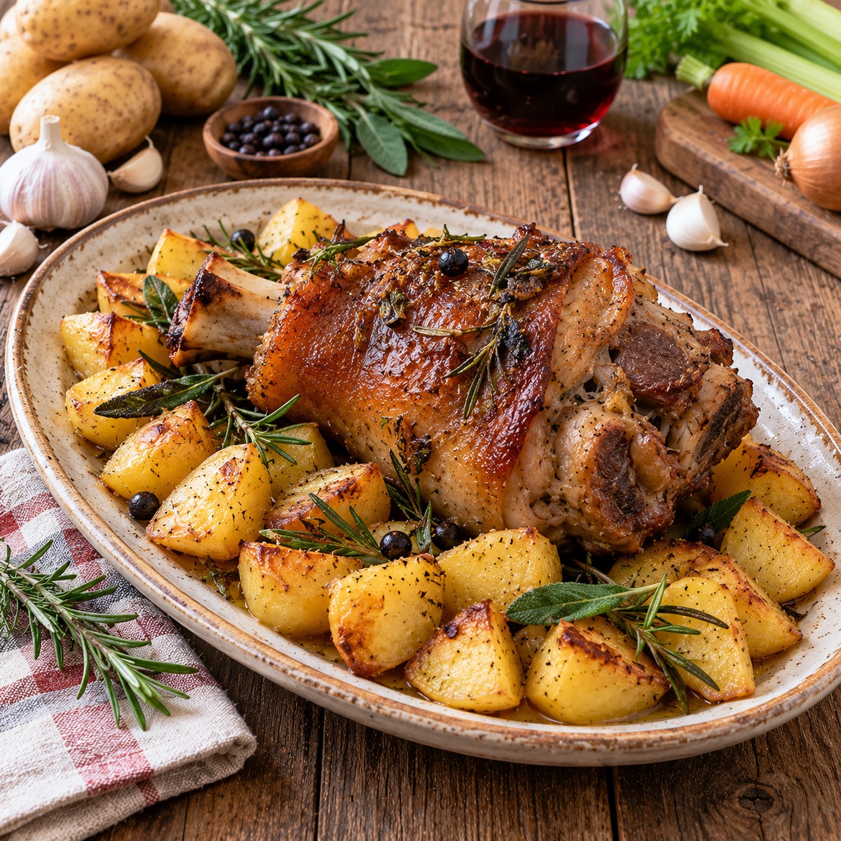 Stinco di maiale al forno con patate
