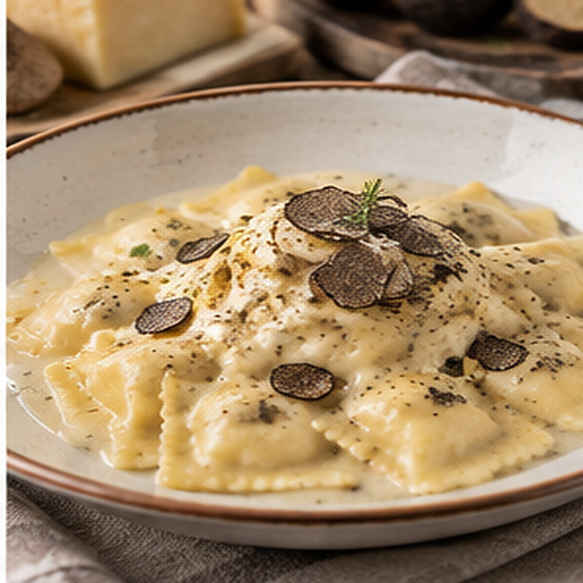 Ravioli ai funghi con fonduta di tartufi