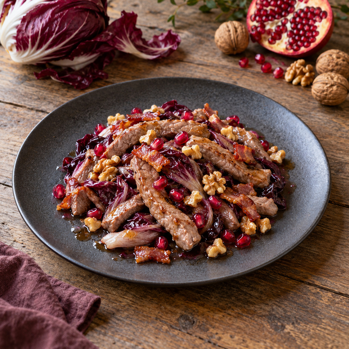 Straccetti di vitello, radicchio e melagrana