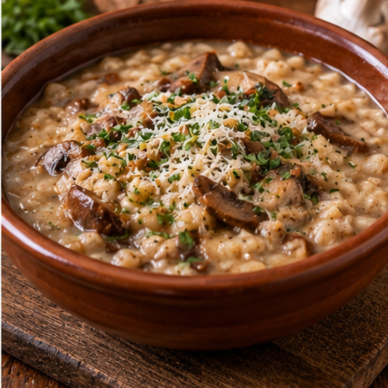Fotografia illustrativa della preparazione: Zuppa d’orzo e funghi