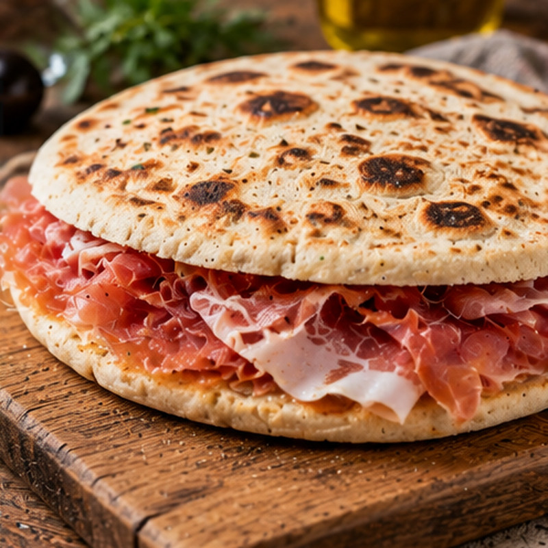 Fotografia illustrativa della preparazione: Torta al testo con prosciutto