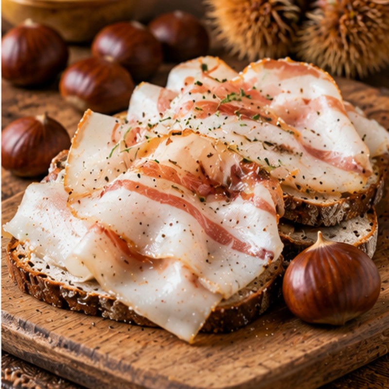 Fotografia illustrativa del piatto Lard d’Arnad DOP e castagne