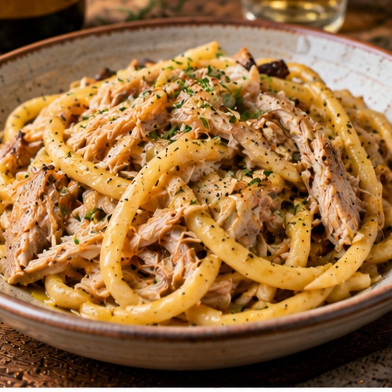 Fotografia illustrativa della preparazione: Bigoli al ragù bianco di corte
