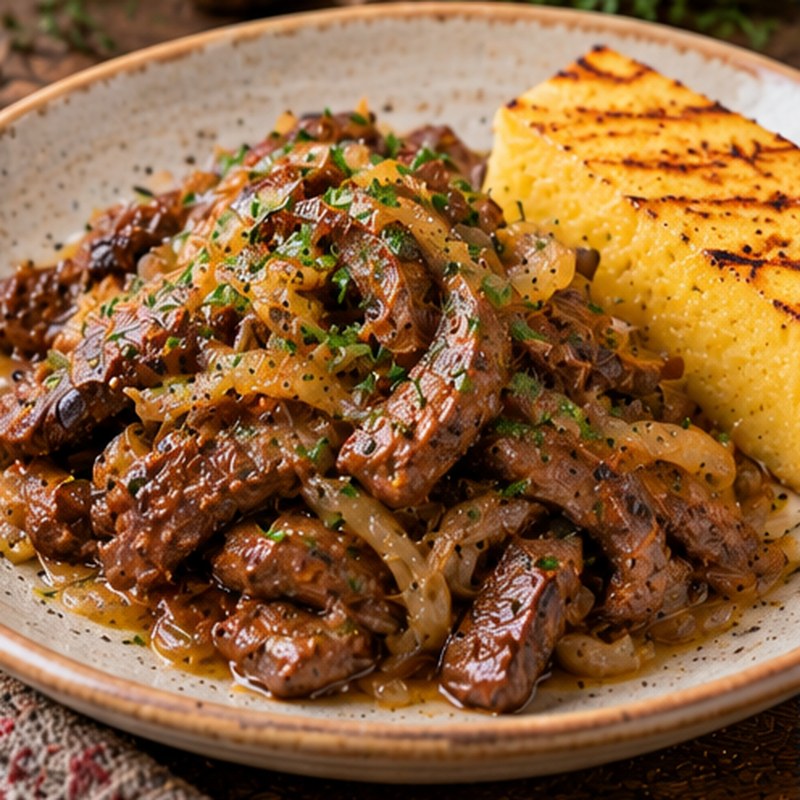Fotografia illustrativa della preparazione: Fegato alla veneziana con polenta