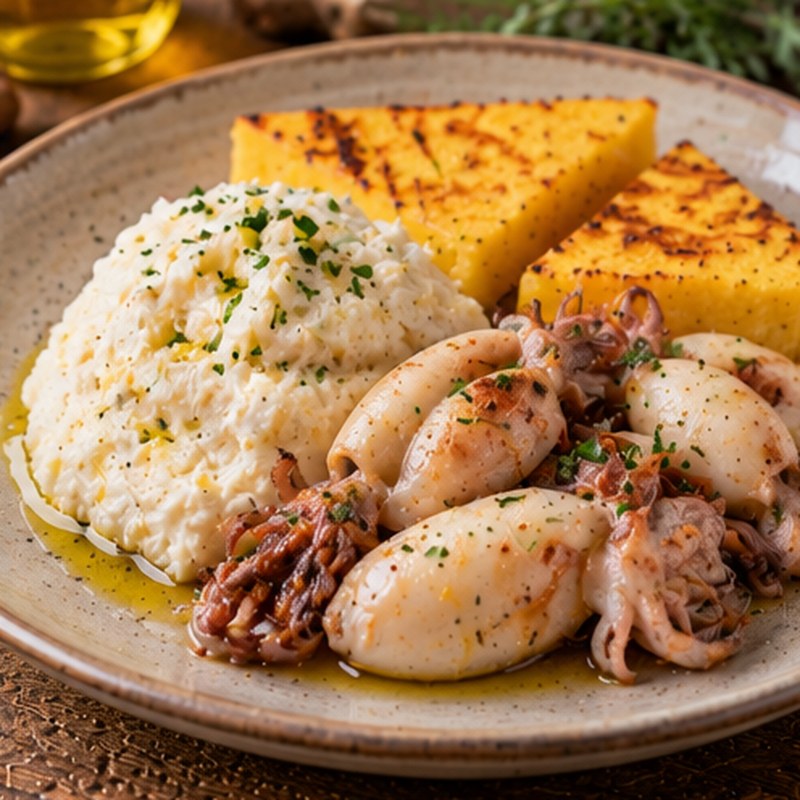 Fotografia illustrativa della preparazione: Baccalà e seppioline con polenta