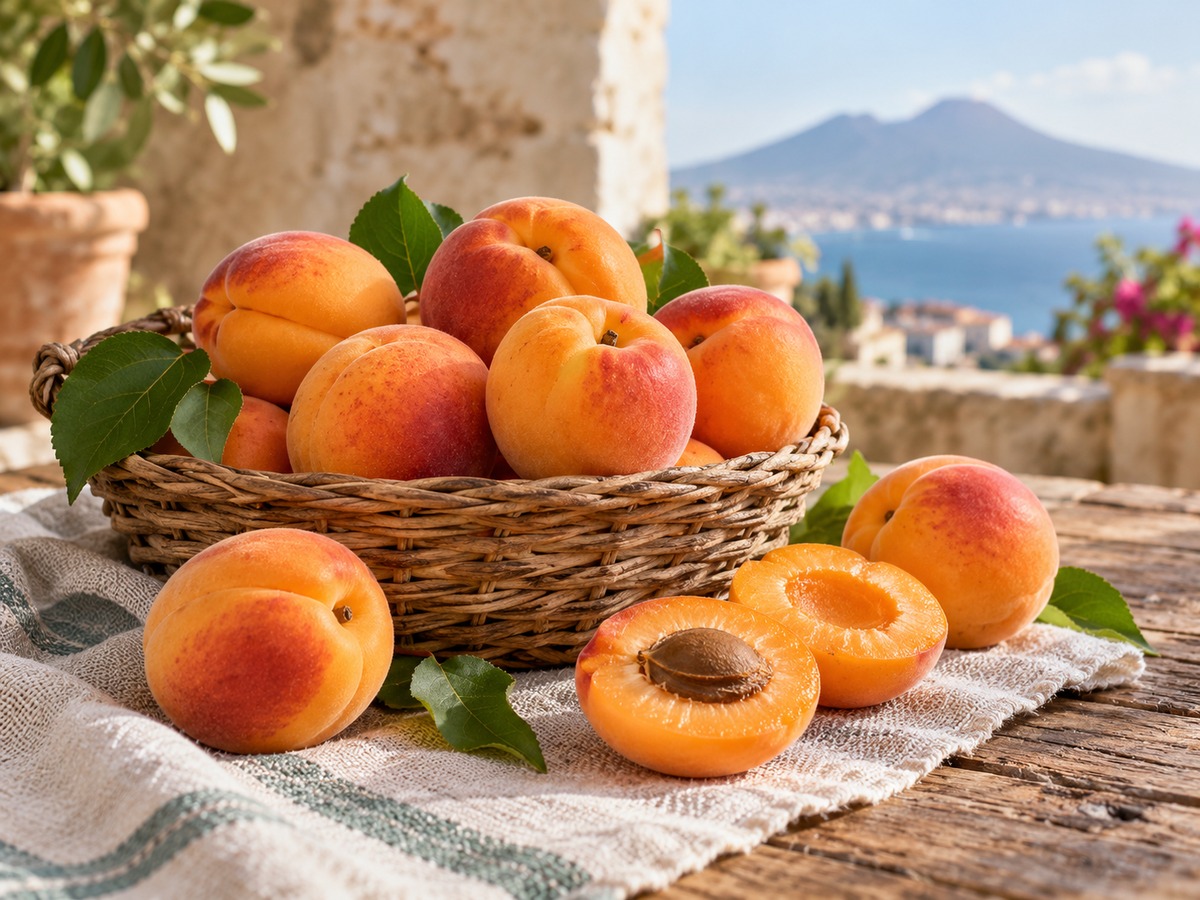Albicocche vesuviane mature in cesto rustico con una metà aperta e panorama del Vesuvio sullo sfondo