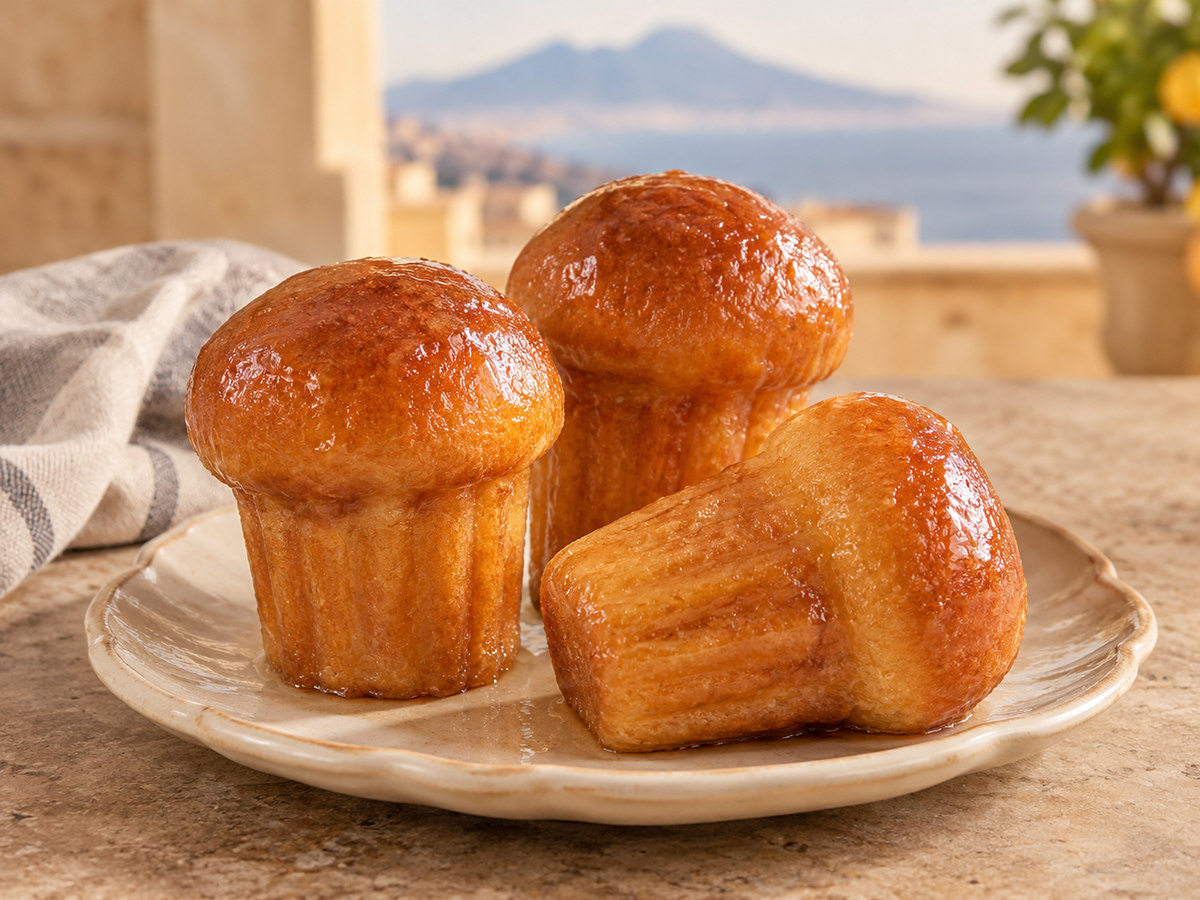 Tre Babà napoletani dorati e lucidi di bagna al rum su un piatto di ceramica