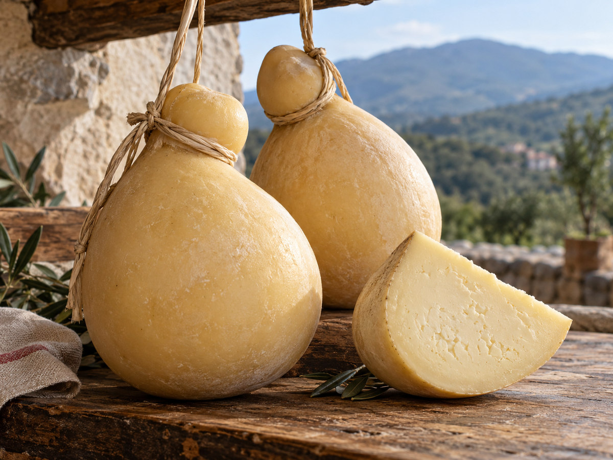 Caciocavallo podolico dei Monti Picentini con testina e legatura di rafia, insieme a uno spicchio