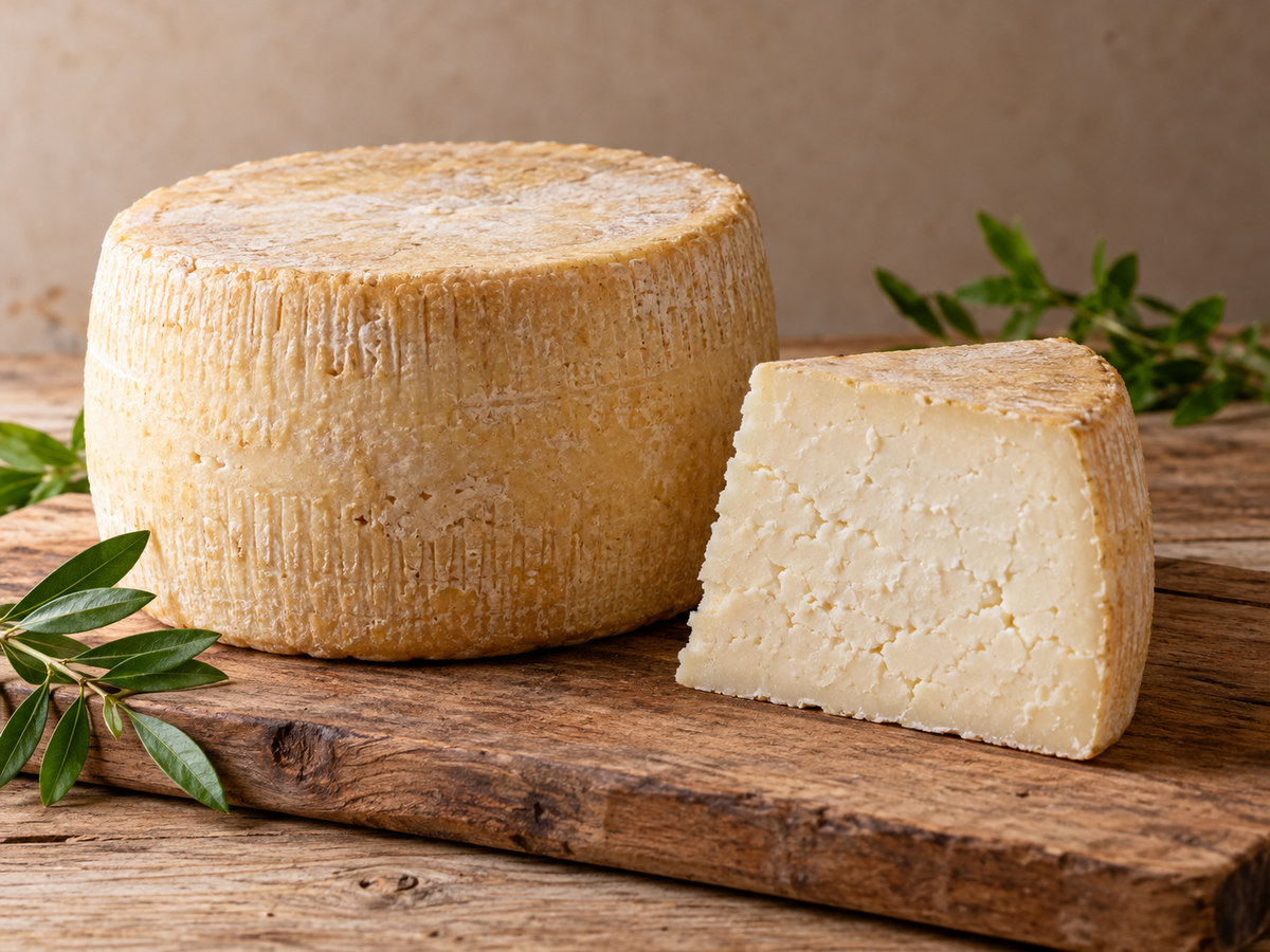 Forma cilindrica di Cacioricotta caprino del Cilento e spicchio dalla pasta chiara