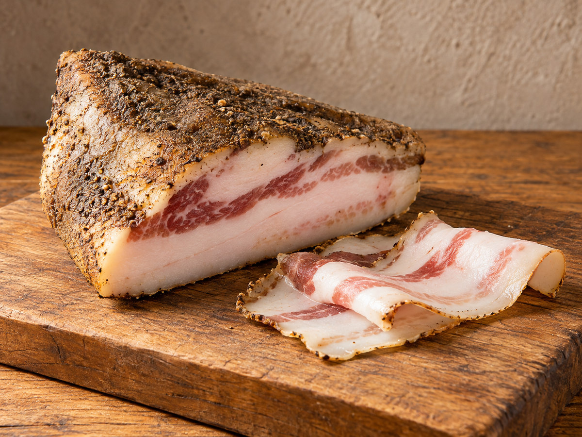 Guanciale del Formicoso con cotenna pepata e strati di grasso bianco e carne magra