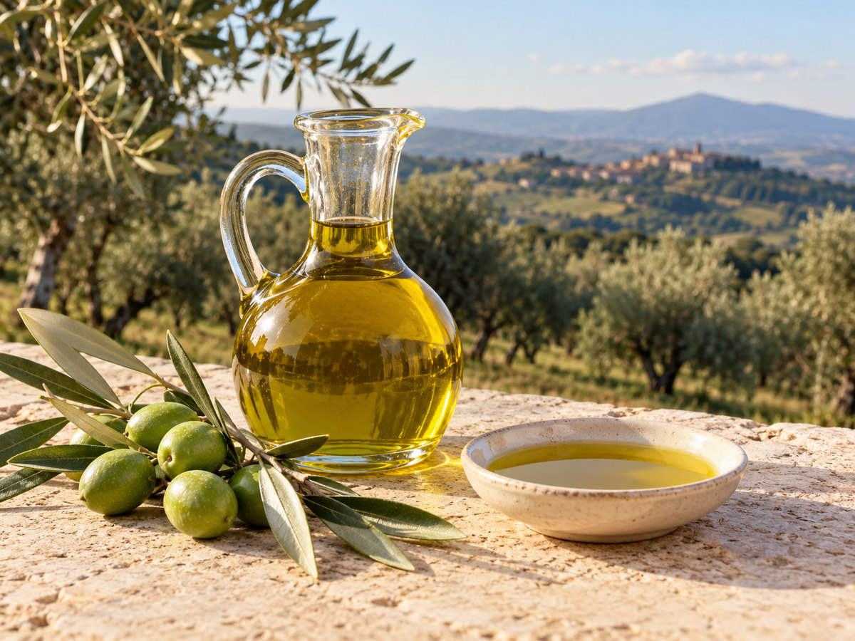 Olio extravergine Irpinia Colline dell'Ufita in oliera di vetro con olive verdi e ciotolina