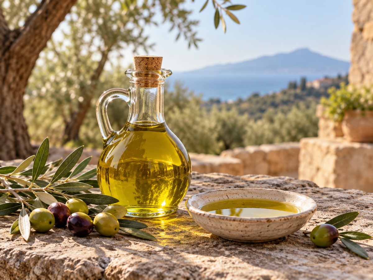 Olio extravergine Terre Aurunche in oliera di vetro con olive e paesaggio mediterraneo