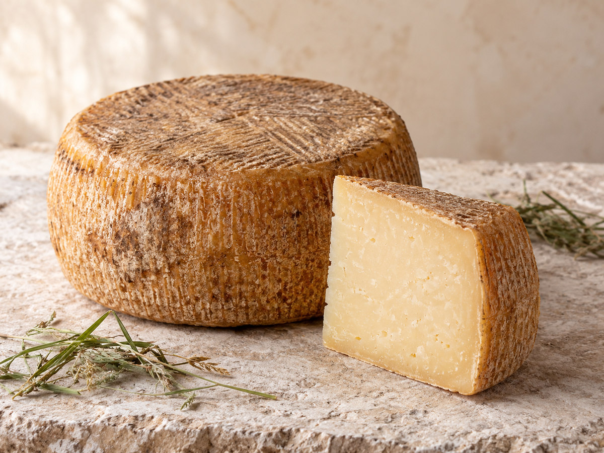 Pecorino bagnolese stagionato con crosta bruna e spicchio di pasta paglierina