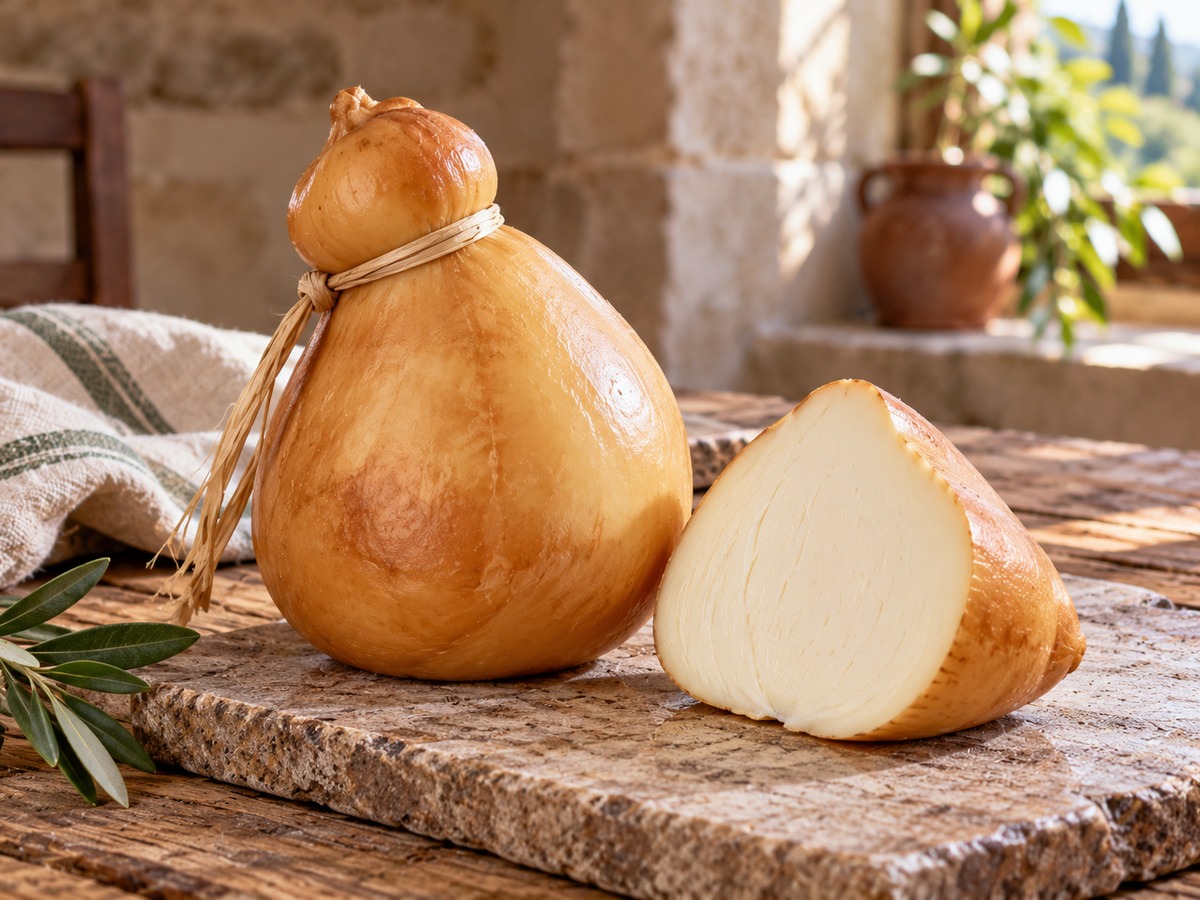 Provola affumicata campana con forma a pera e sezione interna chiara su tavola rustica