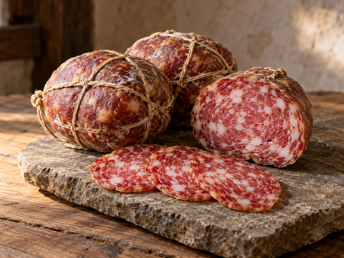 Salame di Mugnano del Cardinale tondeggiante e legato, con fette a grana grossa