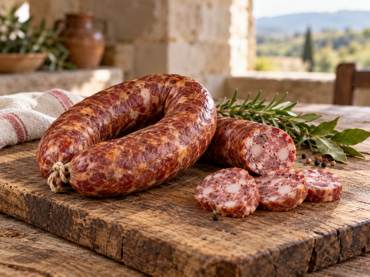 Salsiccia campana a forma di U con fetta visibile e aromi rustici su tavola di legno