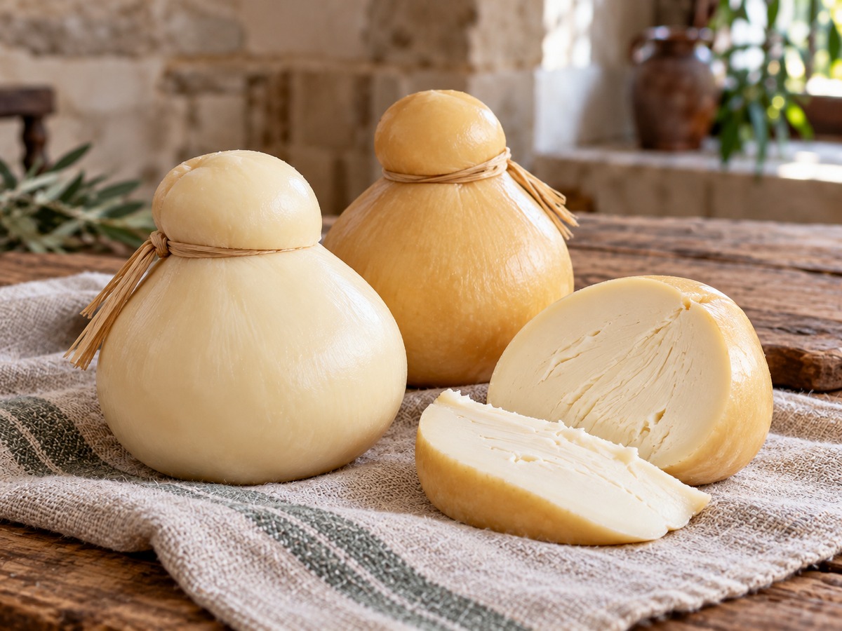 Scamorza campana di vacca e di bufala, due forme intere e una tagliata con pasta chiara