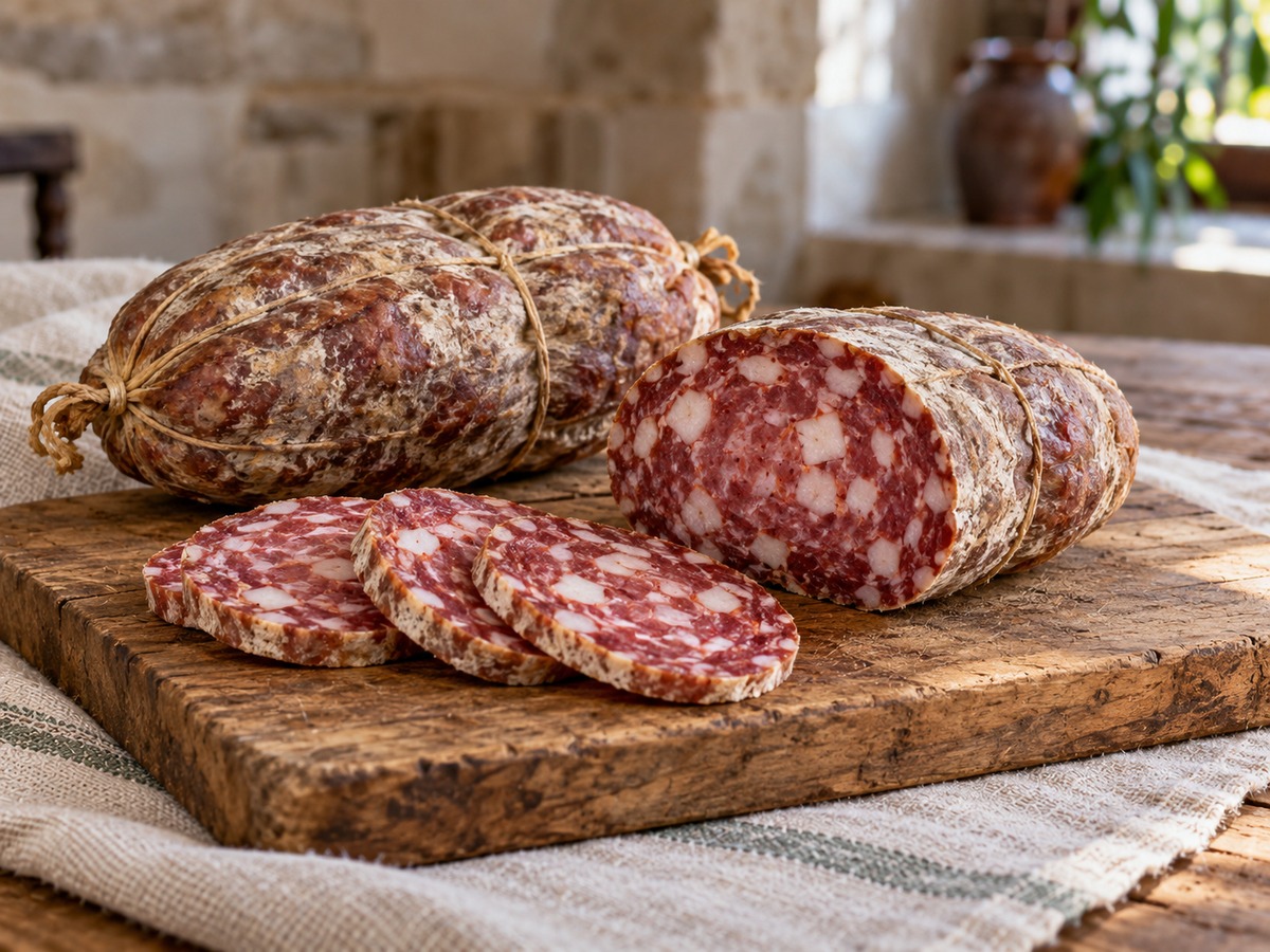 Soppressata del Sannio stagionata intera e affettata su tagliere rustico