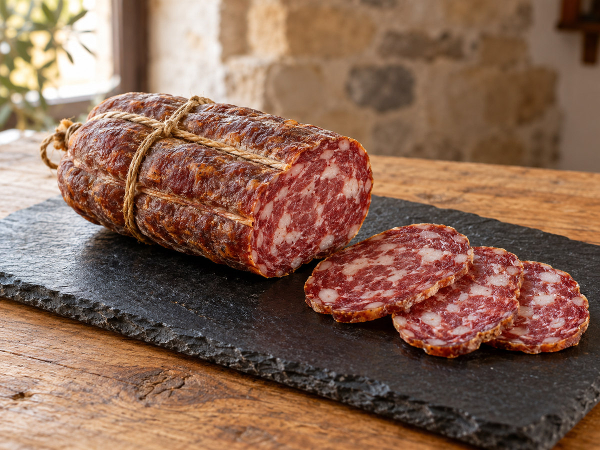 Soppressata del Vallo di Diano schiacciata e legata, tagliata per mostrare lardo distribuito nell’impasto