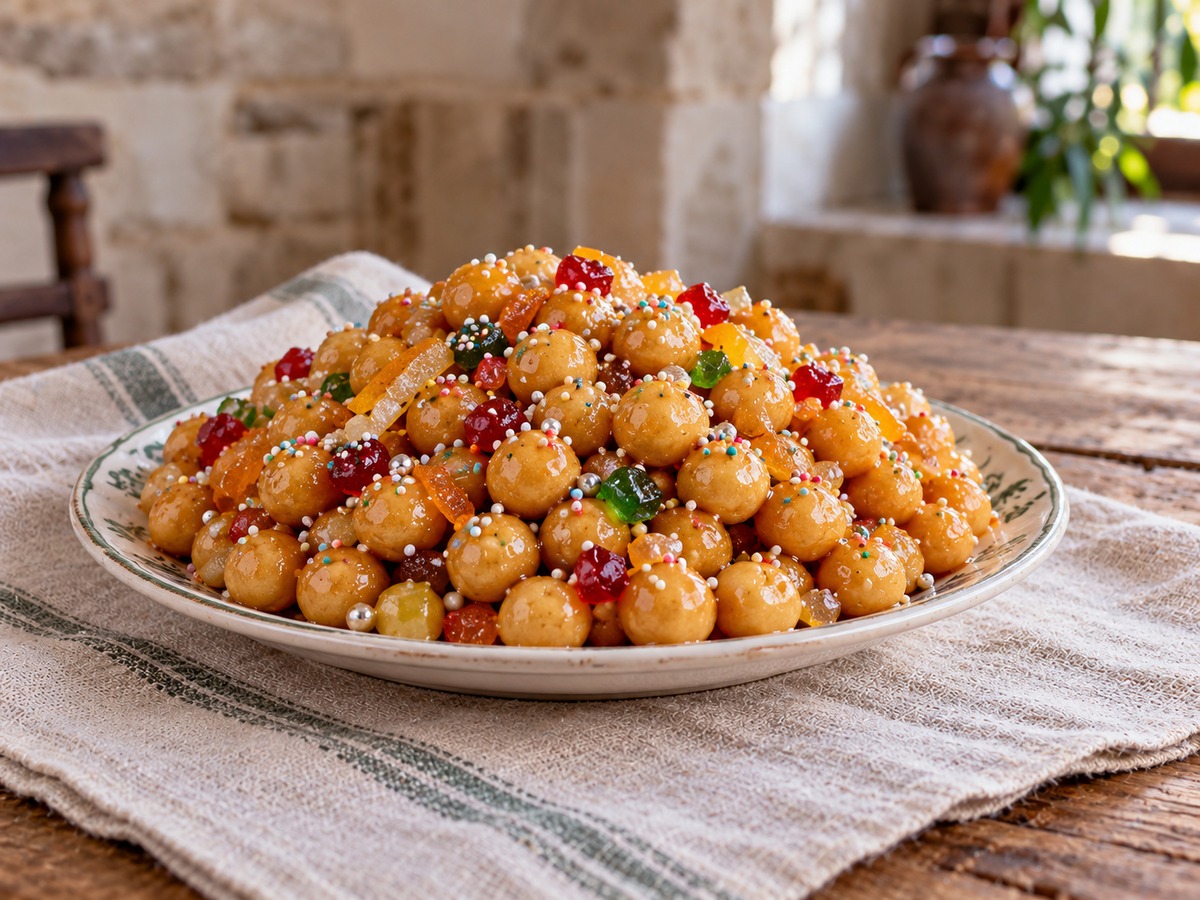 Piatto di struffoli napoletani al miele con canditi e confettini colorati in ambiente rustico