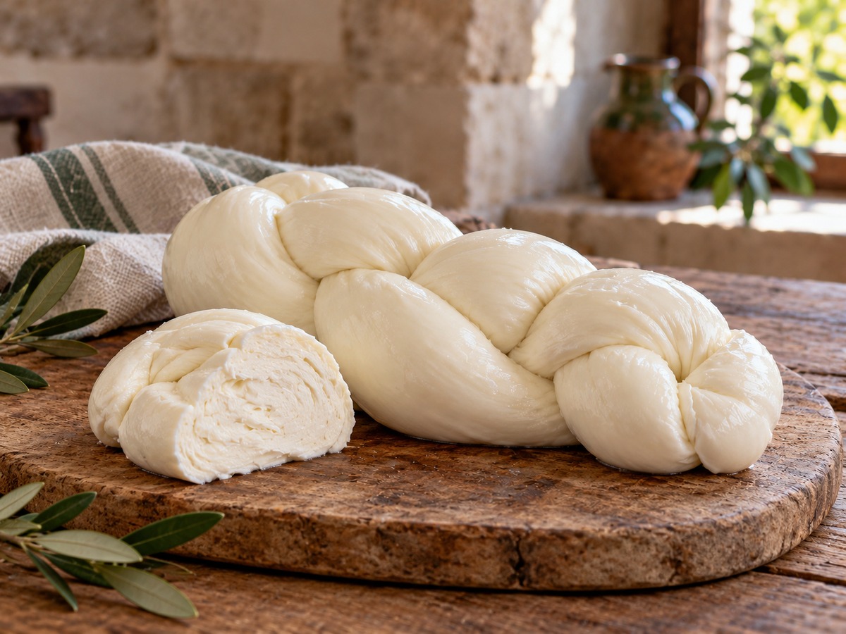Treccia di formaggio fresco campano intrecciata su tagliere rustico con sezione interna fibrosa