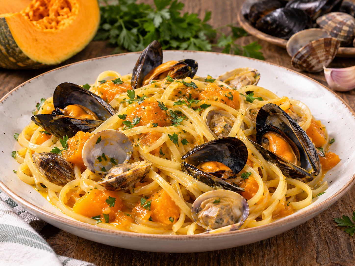 Linguine con cozze, vongole e zucca