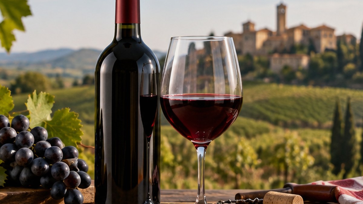 Calice e bottiglia ispirati a Torgiano Rosso Riserva